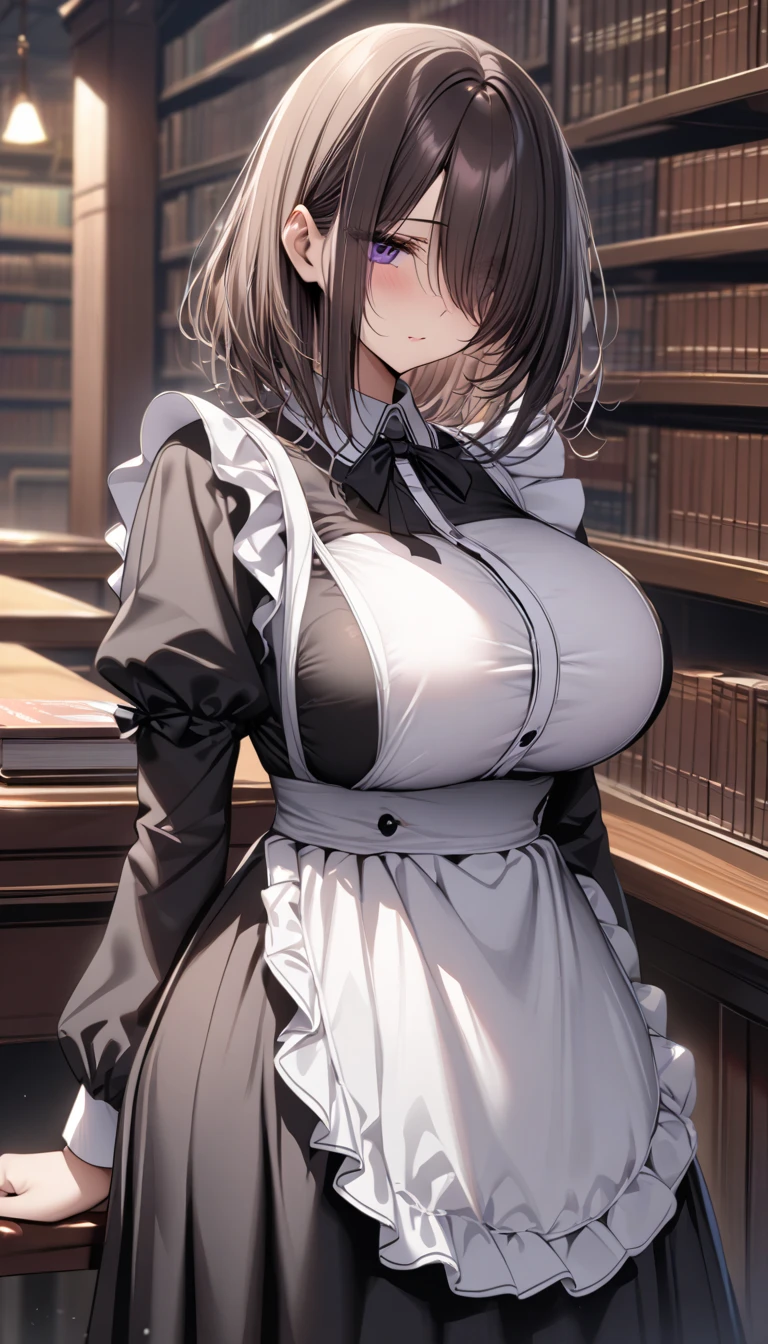 (masterpiece), best quality, beautiful eyes, perfect face, 1girl, mature woman, (view from above:1.3) , purple short hair, school teacher, strict, huge breasts, cleavage, narrow waist, pensil skirt, full body, high heels, stockings, breasts focus