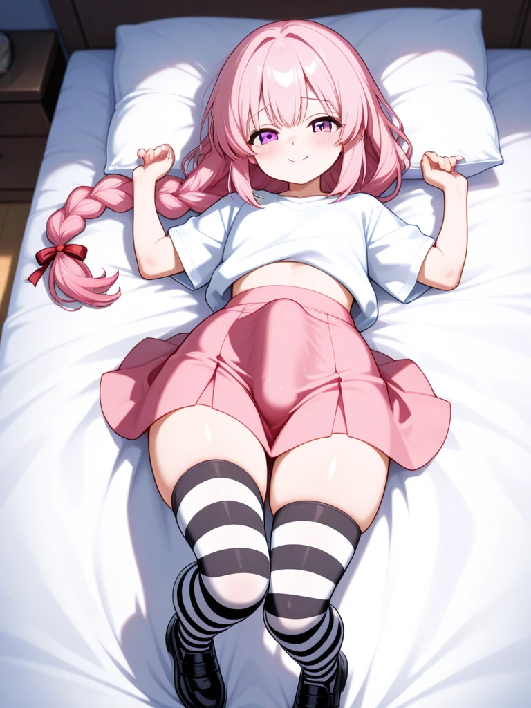 score_9, score_8_up, score_7_up, score_6_up, score_5_up, score_4_up, source_anime, 1girl, sleep, bed, pink hair , close eyes, w-w-chain ,shackles, spread arms, loose hair, red shirt,thigh high boots, brown boots, night,candles, dungeon, best quality, best res, 4K UHD,
 