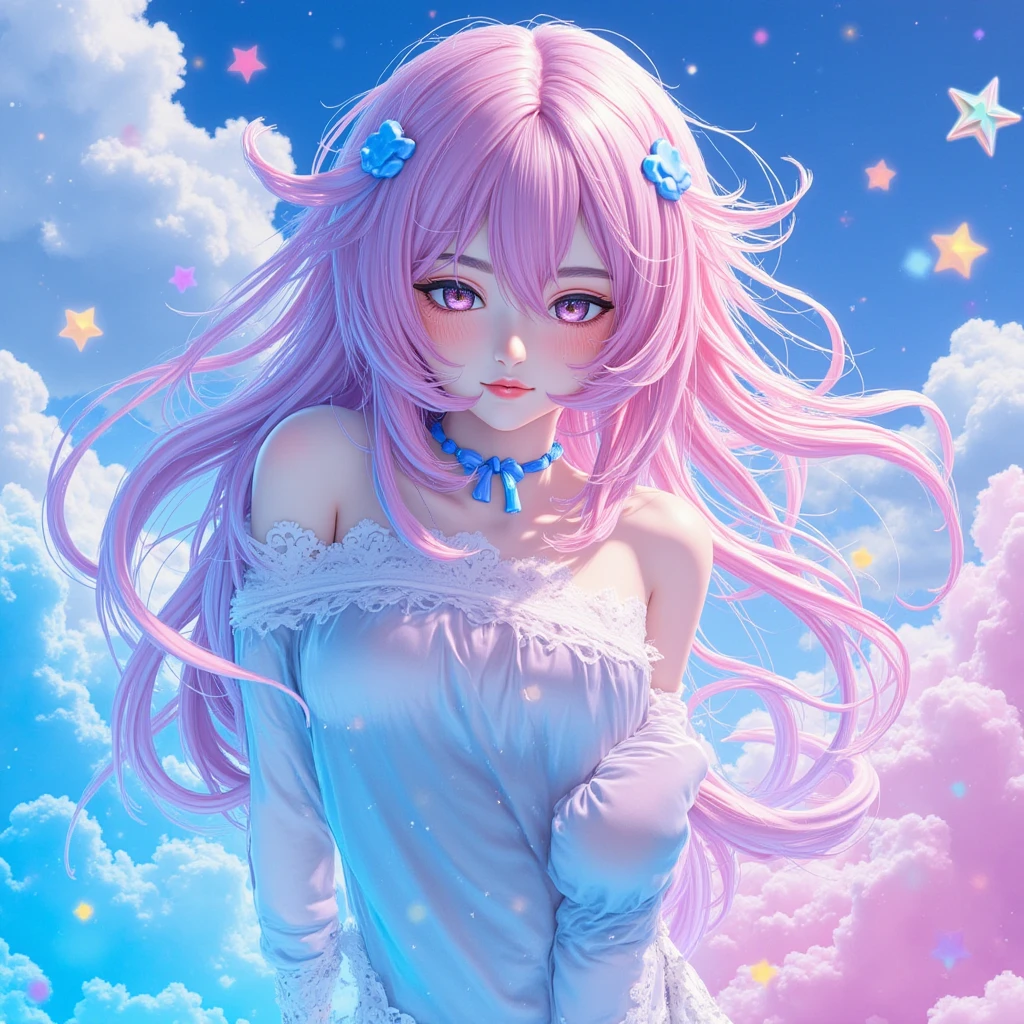 (masterpiece,Highest Quality,Highest Quality,(curly),Official Art,Beauty and aesthetics:1.2),(1 girl:1. fractal art:1.3),upper body,,stares at the viewer, pattern,(iridescent hair,hair color,half blue and half pink hair:1.2),water,liquid,clouds depicting a female white tiger,colorful,I tend to be a star,Stars,