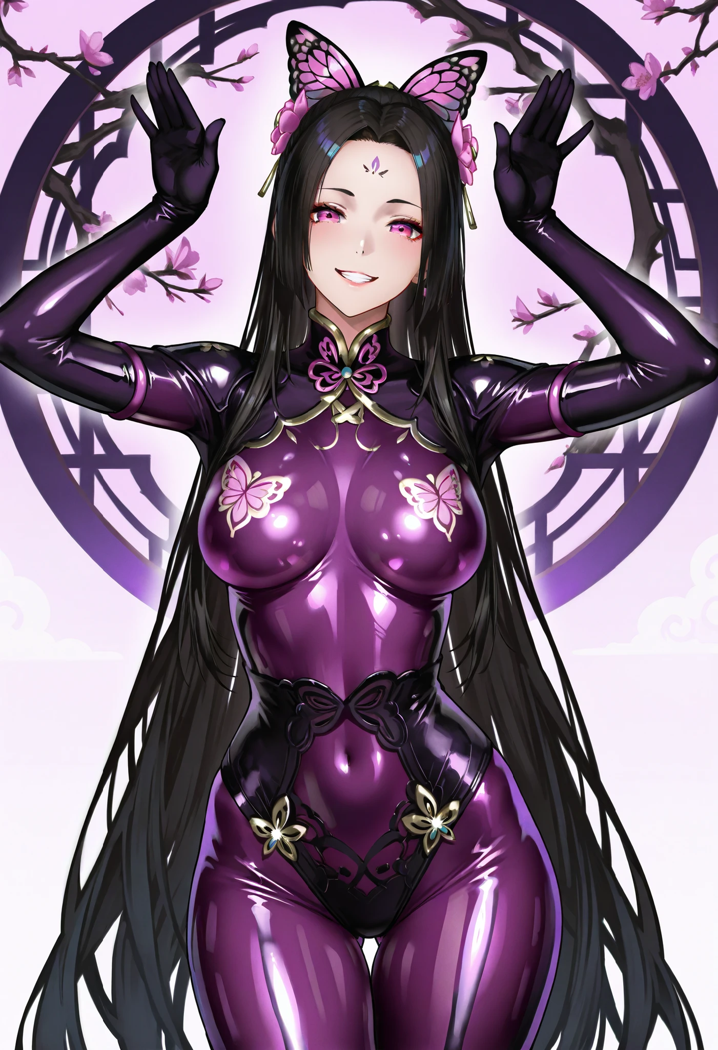 Diao Chan. Black hair. Forehead. Butterfly hair accessory. Glossy. Brainwashed eyes. Pink eyes. Grin. Shiny powder costume. Metallic purple bodysuit. Black long gloves. Firm breasts. Slim waist. Thighs. Sheep pose. Standing with a tilt.