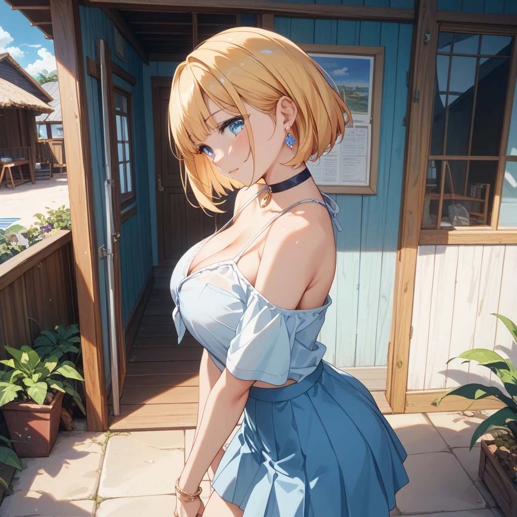 ((1girl)),((alone)),akane hououji,(masterpiece), (best quality), (ultra detailed), (best illustration), (best shadow), (absurdities), sharp focus, cowboy shot ,atmospheric perspective, depth of field, dynamic posture looking at the viewer, large breasts, narrow waist, wide hips, wide thighs, round butt, erotic, romantic, (very detailed eyes, lips 1.1), very detailed eyes, eyes, very face detailed, very beautiful face, full height, beautiful slim figure, femininity, expressive appearance, elastic big breasts, sexuality, dull blonde hair, short hair, blue eyes,((black blouse)), ((short blouse)),tight blouse ,((bare shoulders, bare arms, ((cleavage)),((denim shorts :1.3)),,((bare legs)),((white tennis shoes)),curves, defined body,Perfect and beautiful body, perfect and beautiful, closed mouth, smile, happy smile, blushing, (sexy pose: 1.2), ((solo:1.4)), standing: 1.3,(( : 1.5, exterior : 1.5, sunset: 1.5, buildings: 1.5, streets: 1.4, Japanese metropolitis: 1.4)), looking forward, ((focus on breasts)), point of view :(from the middle), perfect anatomy, perfect hands