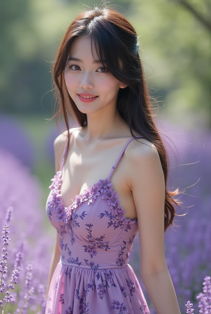Masterpiece, highest quality, high resolution, (Best Quality, 8K, 32K, nsfw:1.2), (1 slender woman of Japan, 18 years old), (shoulder length brown Curly hair touching shoulder), Bright foreground, amber eyes, Professional Lighting, Photon mapping, shading:1.3, (high-detail skin:1.2), equal sized breasts, ((Huge breasts:1.5)), ((Provocative Dynamic Poses)), hyperdetailed face, Detailed lips, Detailed eyes, Double eyelids, (Sensual gaze on the photographer), High quality, 4K, sexy, no freckles, no moles, spotless body, detailed face, detailed mouth, beautiful eyes, detailed teeth, detailed breast, 2 hands with perfect fingers, tall body, slim body, thin waist, beautiful face, perfect skin, no pubic hair, strong abs, hide hands, (full body picture), slim body, bubble butt, bokeh, thick buttocks exposed, (micro thong), make up, erotic photoshoot, legs wide open, fit, ((professional photography studio lighting)), natural breast, Photorealsitic, surrealistic, hands are out of view, can’t see hands, can’t see fingers, cleavage, beauty, pretty, beautiful breasts, perfect teeth, beautiful teeth, smile, (lavender flower field background), side view, ((covered exy bra, from behind, rear view, (ass focus),