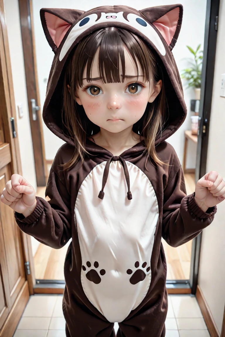 score_9, score_8_up, score_7_up, masterpiece, best quality, AI-generated background, (high brightness:1.2), (slim:1.4), (Japanese toddler:1.0),skin details, detailed face, (shiny hair, dark brown hair, bangs, short straight hair:1.2), embarrassed, (cat costume:1.4),