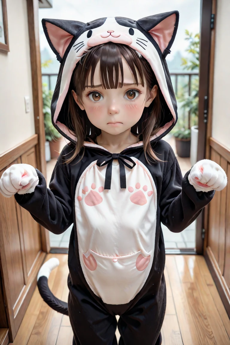score_9, score_8_up, score_7_up, masterpiece, best quality, AI-generated background, (high brightness:1.2), (slim:1.4), (Japanese toddler:1.0),skin details, detailed face, (shiny hair, dark brown hair, bangs, short straight hair:1.2), embarrassed, (cat costume:1.4),