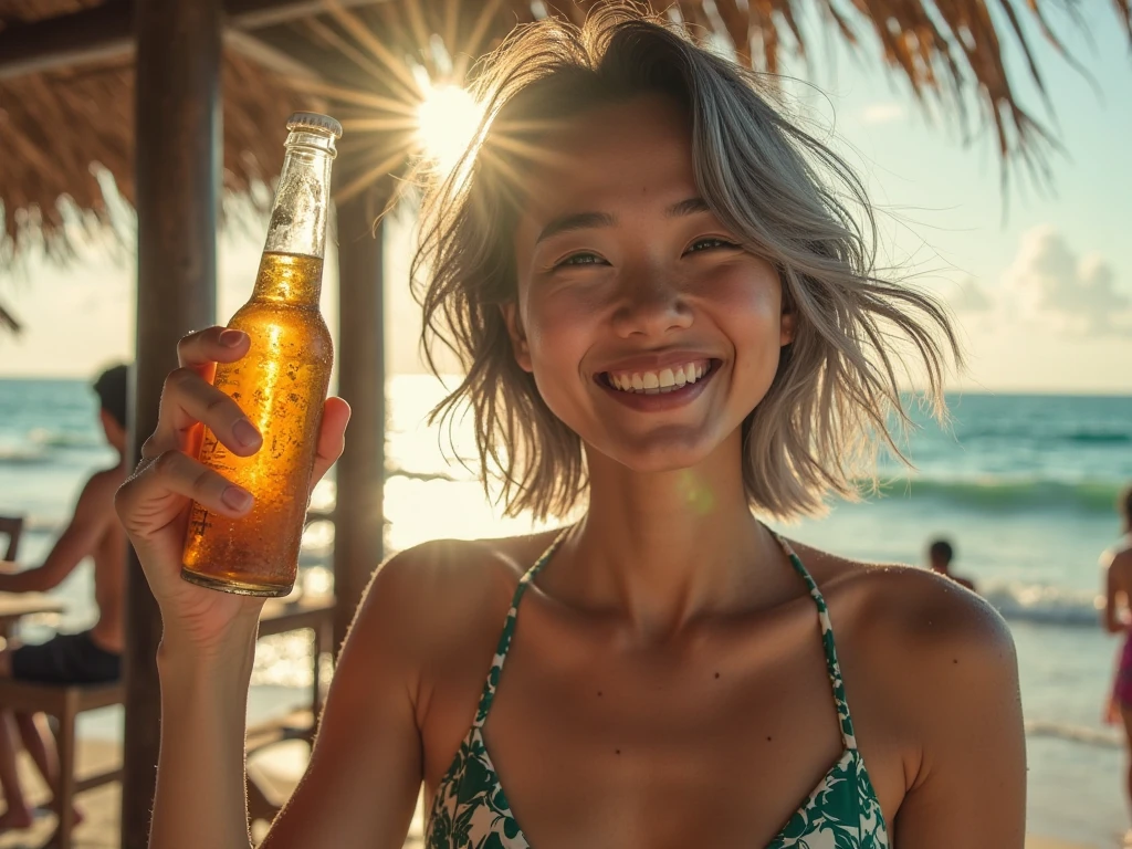 photography of burmese young woman with guitar shaped body with swin suit, highlighted by soft golden hour lighting. walking along the beach and sipping beer while walking. The blurred background and particles in the air add depth and dimension, creating a natural and candid portrait of beach life
