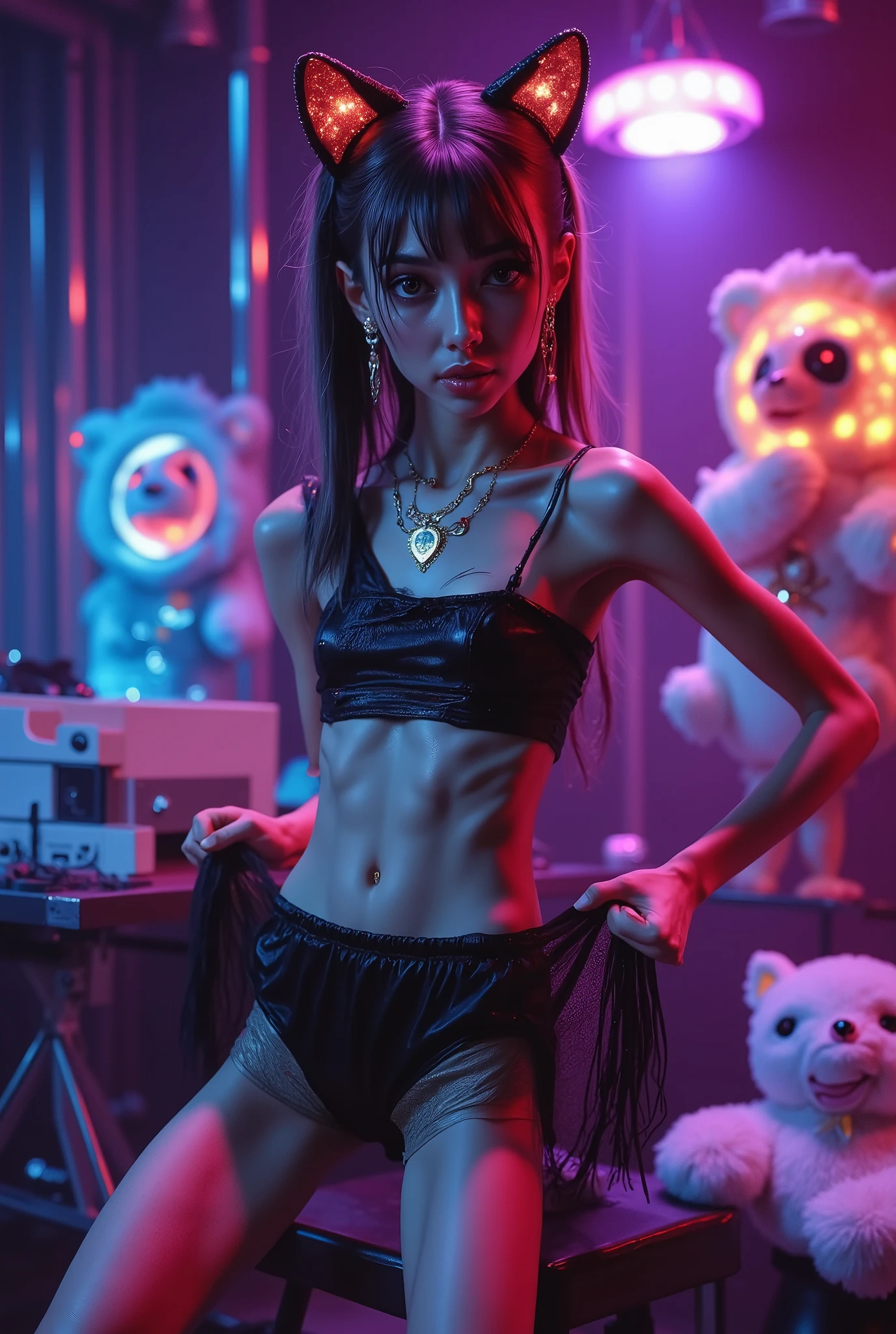 "The extremely thin young Chinese DJ with a very thin waist of 1,2cm dances frantically in an abandoned industrial warehouse, wearing a black one-shoulder cropped top with a cute skull print with eyes in a heart that leaves your belly totally exposed. Her lightweight fabric mini skirt flies with the movement, revealing a panties floss where the front part forms a perfect heart that covers your private parts, with delicate straps on the sides. In the head, neon cat ears flash in purple and blue. The setting is bleak : on stage, a giant teddy bear with bloody eyes and broken seams operates the pickups, while other terrifying plush toys - with leaking padding and distorted embroidered smiles - squirm on the dance floor illuminated by strobe lights. The style is realistic with anime touches, focused on the contrast between The protagonist's sweetness and the horror of the creatures around her, capturing the The moment when your skirt is raised enough to show the panties without being explicit, with light fabrics in frozen motion and dramatic lighting details."