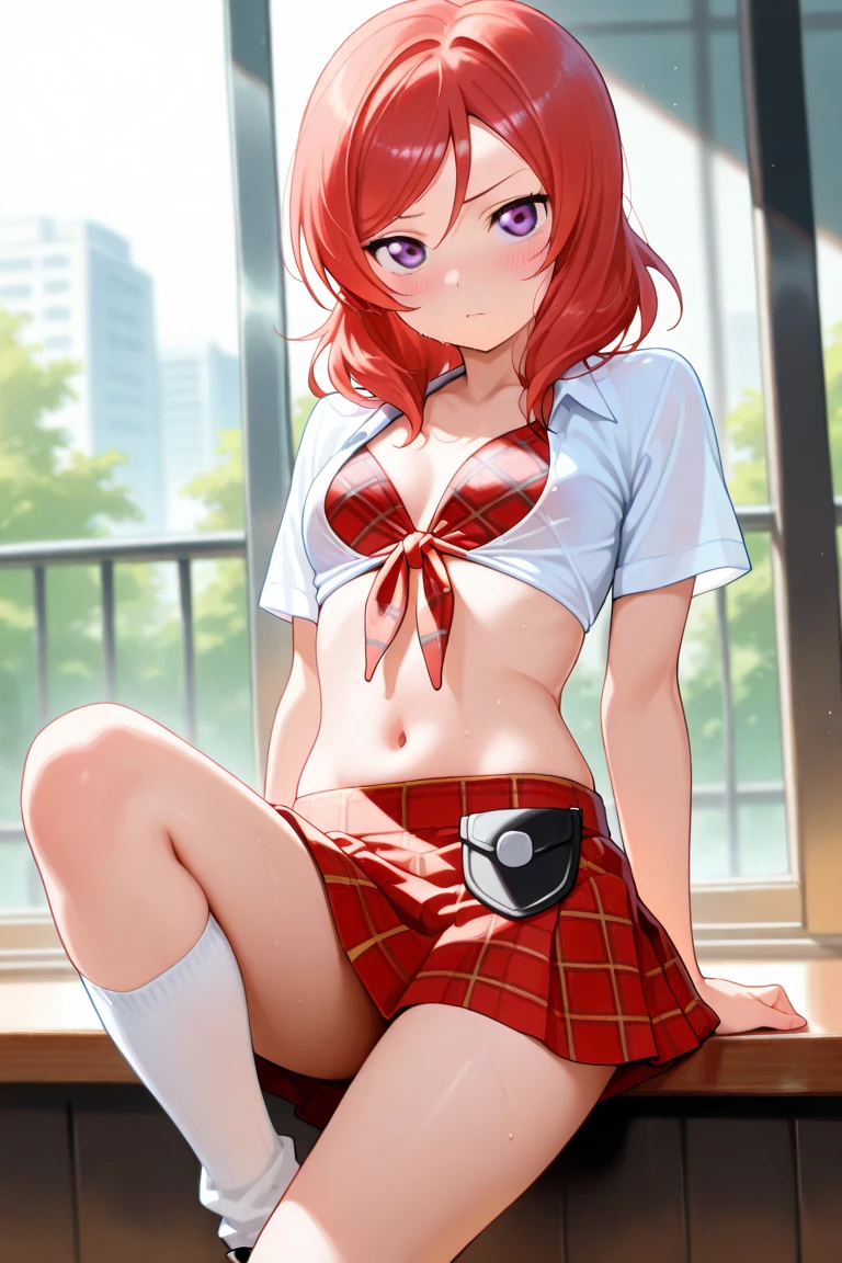 anime girls with red hair and blue eyes wearing a skirt and an open shirt revealing a bra