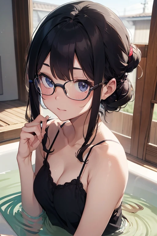 Highest quality,High resolution,1People Girl,beautiful girl,whole body,look up,looking at the camera,Big eyes,Glasses,Crying face,Tears,Stringy saliva,Open your mouth wide,Sticking out tongue,Flush saliva,Overflowing with saliva,ponytail,Black Hair,Big rainbow eyes,Bondage,High Leg,Tears overflow,Dripping a lot of saliva,Drooling,sexy,bathroom,Bathroom,Alluring,Navy blue underwear,Navy blue bra,Navy blue garter belt,Navy blue stockings,Large bathtub,