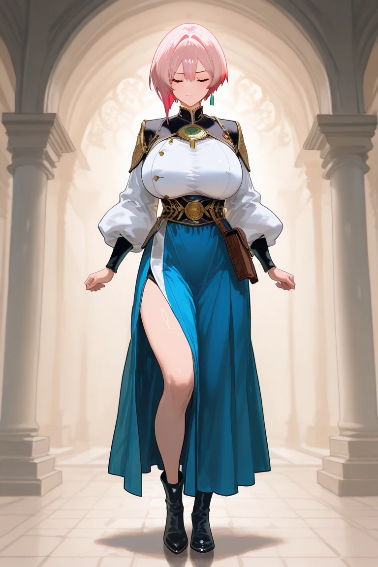 huge chest, tall woman, red hair, nun, priestess, curvy, short hair, tomboy, freckles, portrait,1character, full body,1girl, tall female, solo, solo focus, walking