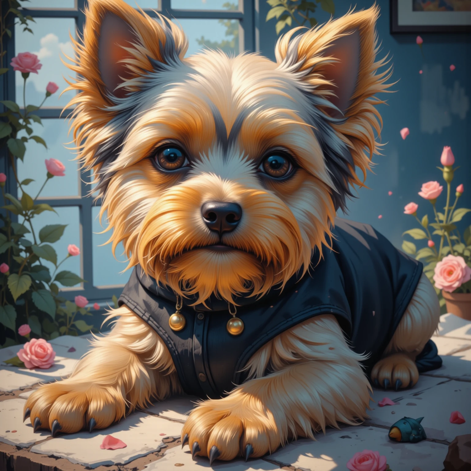 very beautiful fur yorkshire terrier、Sparkling black eyes 、Super small dog、cute、Peaceful Atmosphere、beautiful digital fantasy art、Vivid Illustration Style、Artistic composition、A fantastic and captivating depiction、Highest Quality、high image quality、masterpiece、8k、after being played in high resolution、absurd、