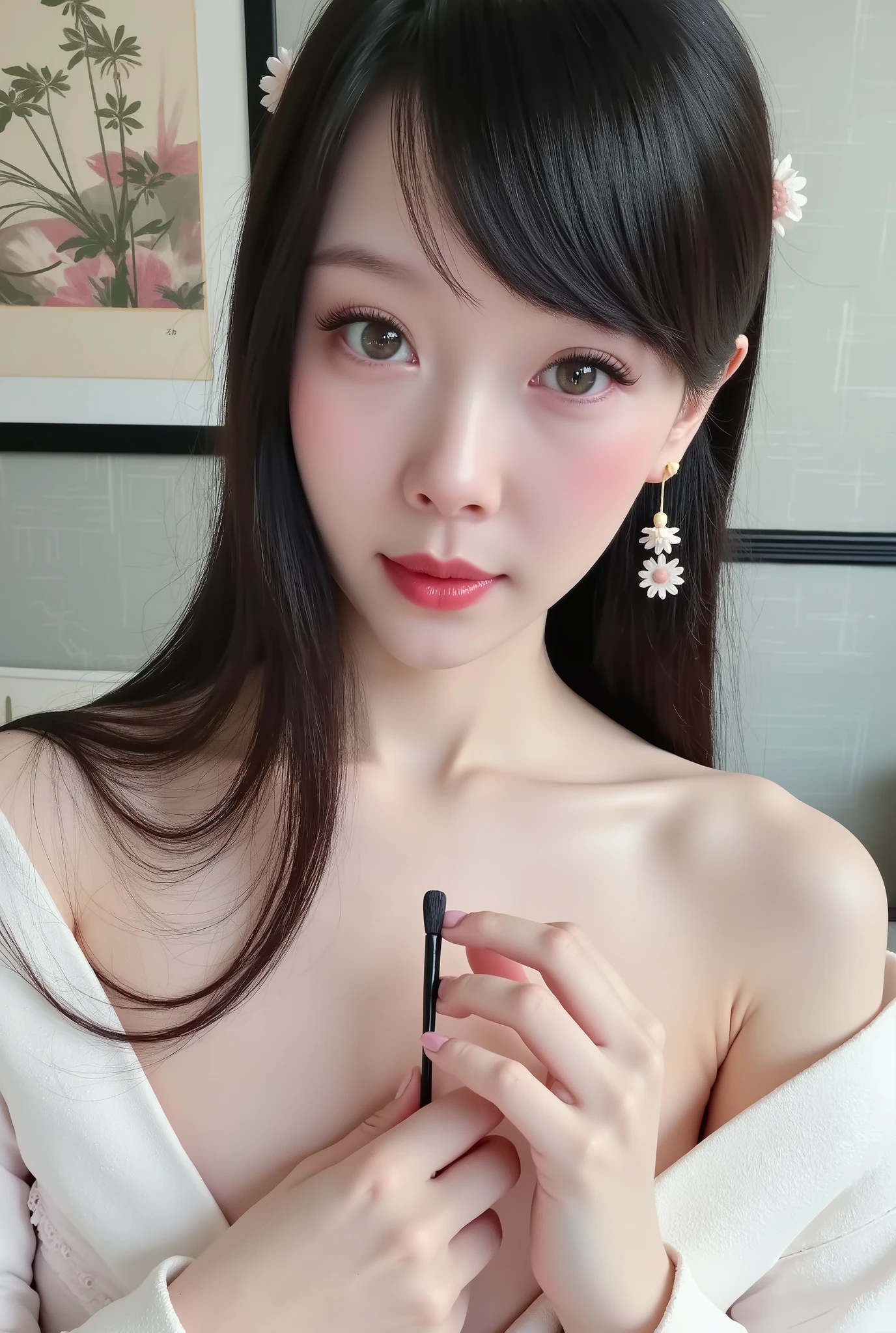 Photorealistic Painting , 超high resolution (Highly detailsed, The intricate presentation) ( masterpiece, a work of art ) dynamic lighting, captures the subtlety of the subject (detailed face, 每一个 details都细腻地展现) A white kimono, Delicate collar, and belt (Hands placed gracefully, A sense of tranquility) Gently lift the brush, Ink flows slowly (Expressing the artist's soul, Truly reflects Maeda Kenji's style) (top quality, proves the artist's skill) Ultra- detailsed,(The most beautiful girls in Japan),Beautiful Eyes,Beautiful pure woman,Traditional Beauty,Smart girl,A girl showing Japan's world-class beauty naturally and gracefully.,high resolution, masterpiece, Anatomically correct, Accurate, Award-Winning , 最high quality, details, 高い details, high resolution模型, high quality, texture skin, ultra-high definition, Very detailsed,Movie Lighting Effects, Realistic, Aperture value F16, Sony FE, Open her mouth slightly, Charming Smile, Photographically- detailsed, high resolution质量,看起来像真实照片的high resolution图像,