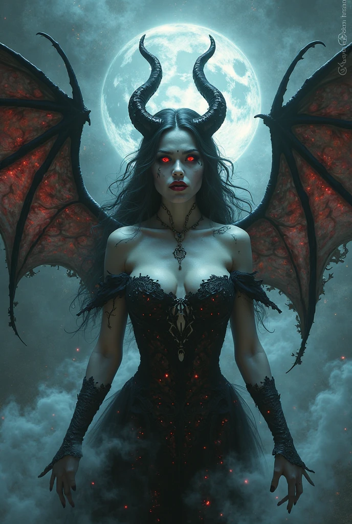 A cinematic shot of a dark fantasy photo-style portrait of a seductive succubus named Lady Venus. She has striking black tips and wears a crown. She has large, glowing red eyes and wears dark clothing. Her wings have a vibrant red center. The background is a dark, gothic architecture. The overall composition is illuminated by dramatic lighting. This portrait is a masterful combination of photography, 3D render, and artistic elements.