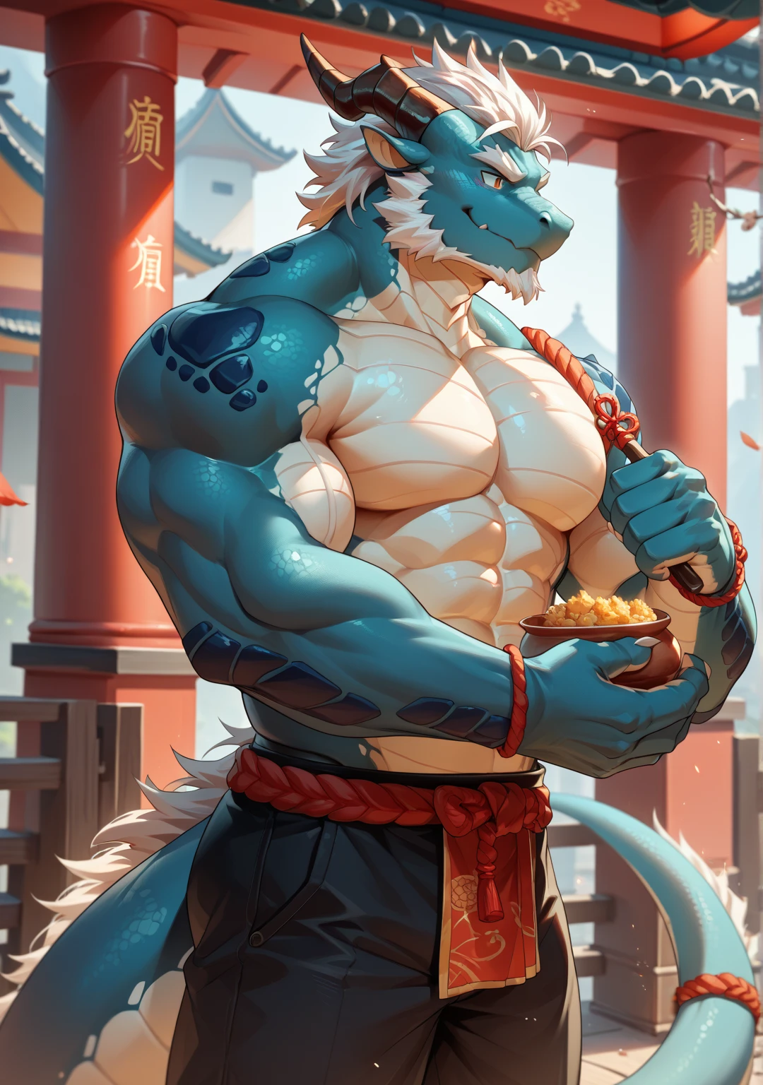 (masterpiece:1.2), (best quality:1.2), Perfect eyes, Perfect face, Perfect lighting, ((Perfect anatomy)),((Solitary)), human nature，best quality,(Atmospheric distance),(Low saturation hues),((White and green oriental dragon | White-green skin and hair | Turquoise blue pupils)),((White beard)),((Wingless)),((Overlooking)),Fisheye perspective,depth of field,((White belly exposed)),Full body view,A pleasant smile,(Oriental Dragon 1:2),Handsome,(Muscular),Tempting,(middle age),(Relaxing hair washing),((Water flows over the body)),(Taking a shower),((No top,Wrapped in a wet white bath towel)),(Small drum kit),((In a modern minimalist bathroom)),(There was a bath),Sprinkling shower head,Some toiletries,Oriental Dragon Tail,Not NSWF,By Bei Bei Bei Bei, By Zackary911