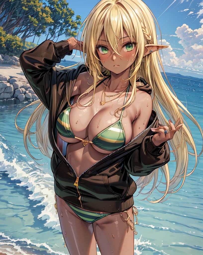 (masterpiece, best quality:1.2), cowboy shot, solo, 1girl, glasses, long fluffy pink hair, gorgeous body, cowboy shot, slight smile, crop top, (sexy very transparent (green) clothes), sexy pose, musculous belly, navel exposed, large breasts, pink breasts niples, cameltoe, tanned skin, wet body and clothes.