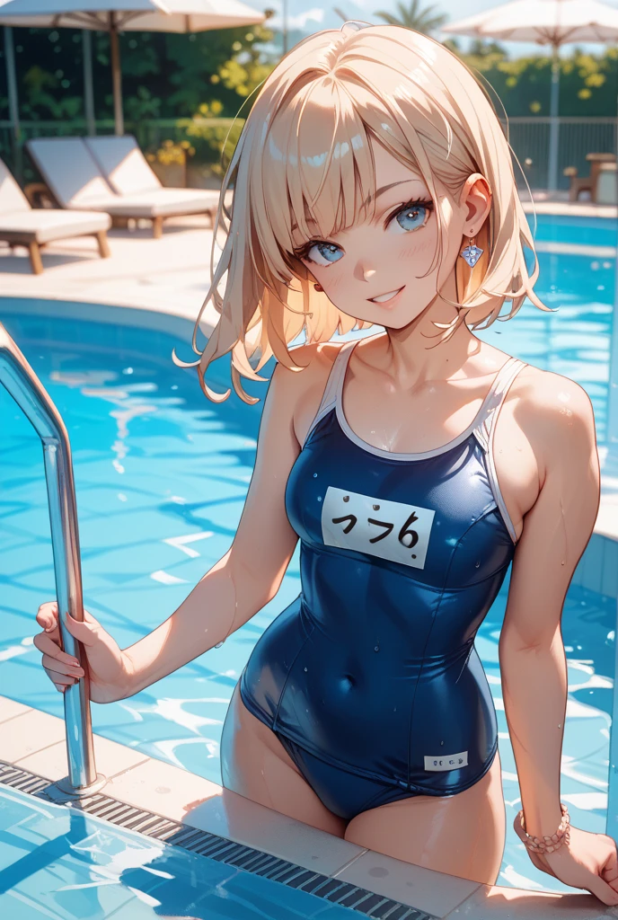 ((The sun's rays illuminate the whole body, under the chest)), (((by the pool)))、20-year-old gravure model、perfect body、1 girl、alone、Taken from diagonally above、Micro Mini Ultra High Leg、Ultra Ultra High Legs , slingshot swimwear、masterpiece、highest quality、realistic、hyper detail、(shiny skin)、absurd、look at the camera、black eye:1.8、thin、dynamic lighting、High resolution、sharp focus、written boundary depth、fine eyes、beautiful big eyes、realistic eyes、(big :1.4, saggy breasts:1.5)、(thin太もも:1.2)、、troubled eyebrows、(blush)、