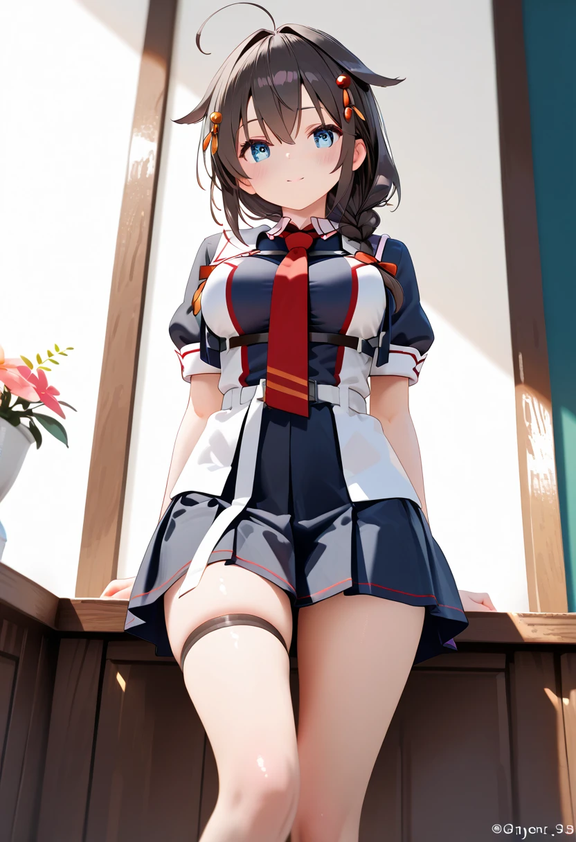 A Female robot is sleeping in the book, spread legs, nude, banzai pose. she wears no dress. She Brown short hair is tied with two big red clothespins, She lifts up the under hem of her white plain dress, leaning over, masterpiece, very short pigtails,brown hair, mature, android, blue eyes, full body figure, Height: 160cm, flushed cheeks, 2020s anime picture, A beautiful robot with short brown hair in two short pigtails held up by two very large huge red clothespins, Uplifting, No NSFW, whole body, barefoot, archaic smile, getting orgasm, 25 years old, sweat bucket. short sleeve shirt, pleated skirt, beautiful scenery, evening, skirt lift, no panties, genitals visible, full body shot, sexy face.