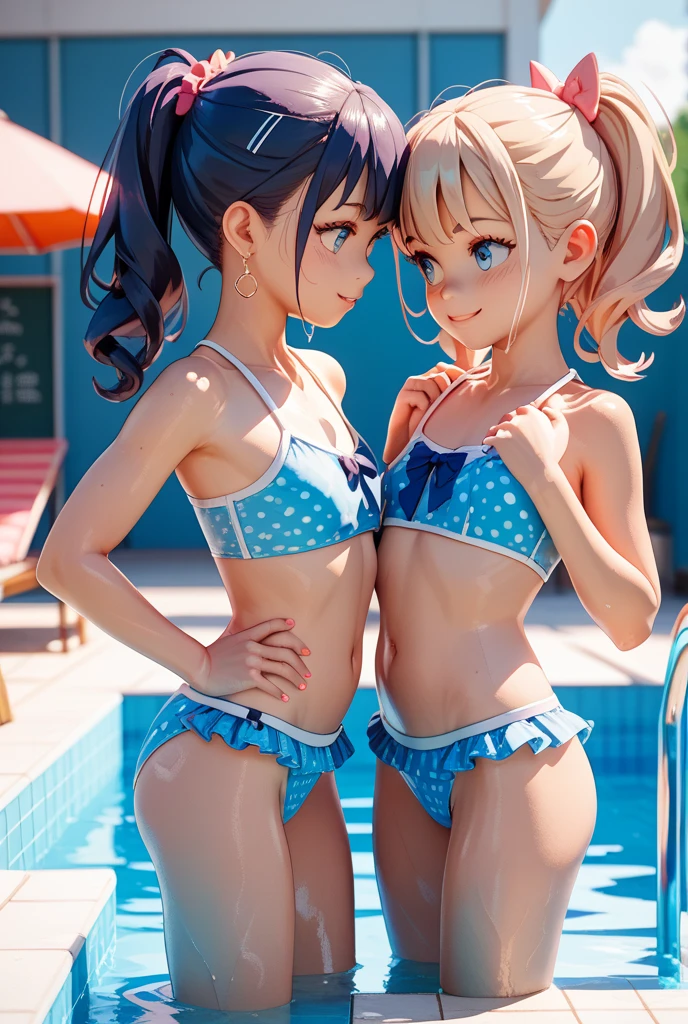 (((masterpiece, Highest quality, High resolution, 超High resolution, Perfect Pixel, Depth of written boundary, 4K, RTTX 10.0))), Beautiful Anime Women, Beautiful art style, Anime characters, ((Smooth texture, Realistic texture, Anime CG Style)), Exact finger count、Exact number of legs、(Exact number of arms:1.0, Exact number of hands:1.0), (Perfect hands, Perfect Anatomy.1.5), Cinematic, Realistic, Extremely detailed CG, Daytime lighting, Perfect lighting, Best Shadow, The best natural light, Perfectly balanced style, Perfect body, (Long Hair, Brown Hair, ponytail), ((Back view of two women walking:1.5), (Sexy and cute blue and white striped underwear, Sexy and cute magenta and white striped underwear, Shiny satin side-tie full-back panties, Panties with lace trim around the edges, micro lace bra, Lace-trimmed bra:1.3), (From directly below), (Waiting for Nampa, Poolside, There are lots of people having fun at the pool in the background.々is playing:1.3)
