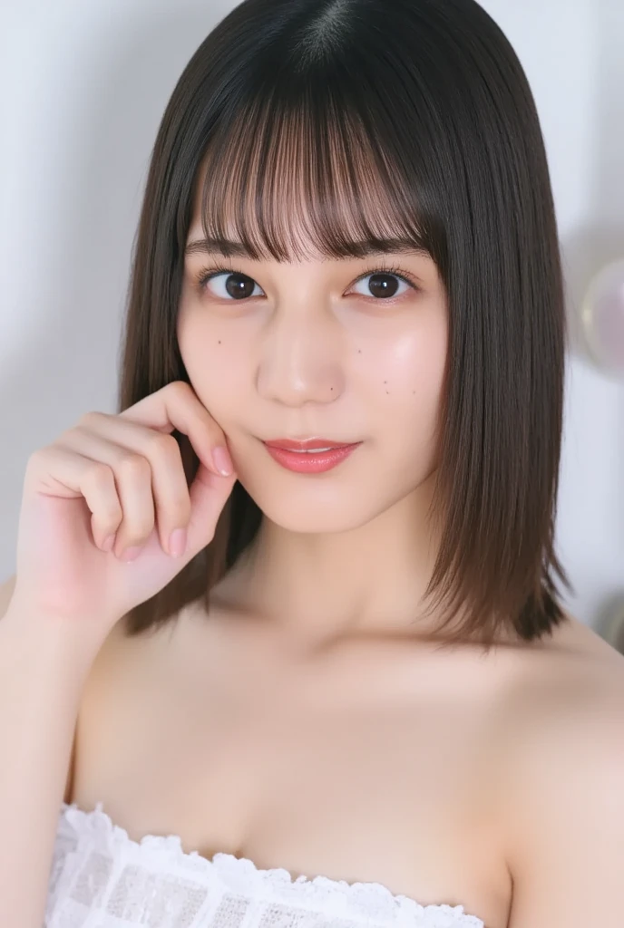 highest quality, Realistic, 8K, High resolution, 1 Girl, woman, (Skin dents), (Portraiture:0.6), nice, ((White Background, Completely ?????, Small ???????:1.65)), (Short brown hair, Parted bangs:1.4), Watching the audience, (1 Girl eyes Watching the audience:1.6), Realistic, (Bokeh), (Closed Mouth, smile:1.3), nice, Purelos Face_V1:1,