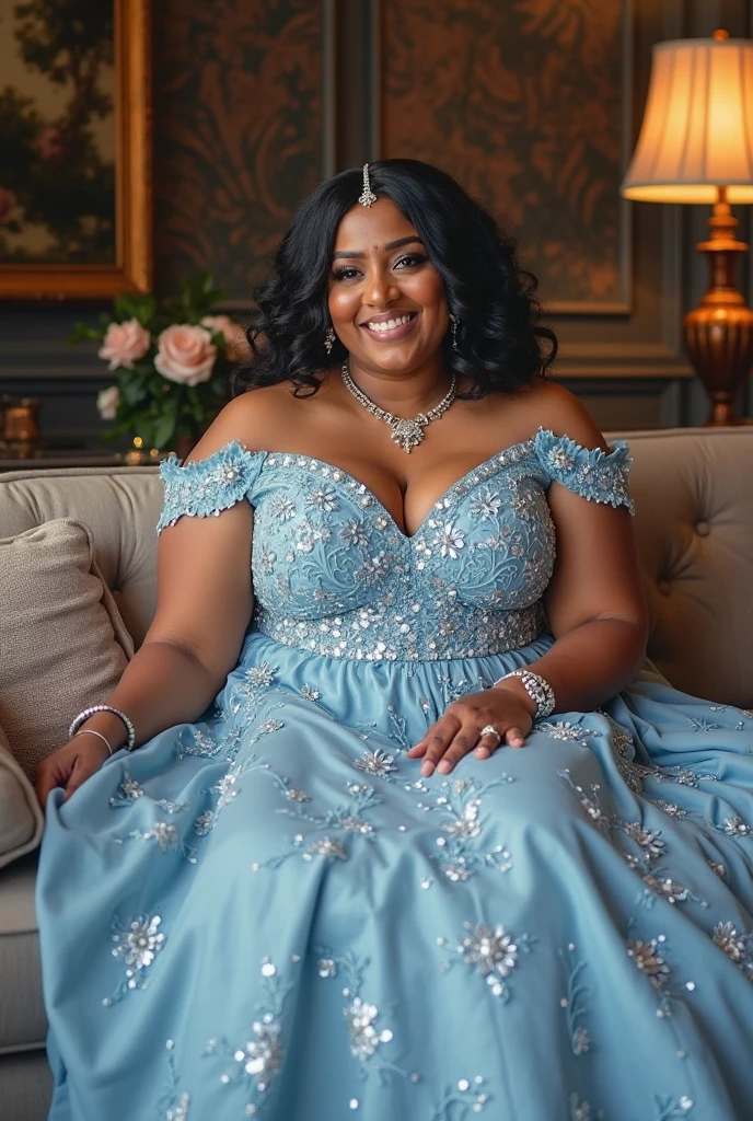 Black chubby woman in a blue gown amd blue sleepers, afro hair