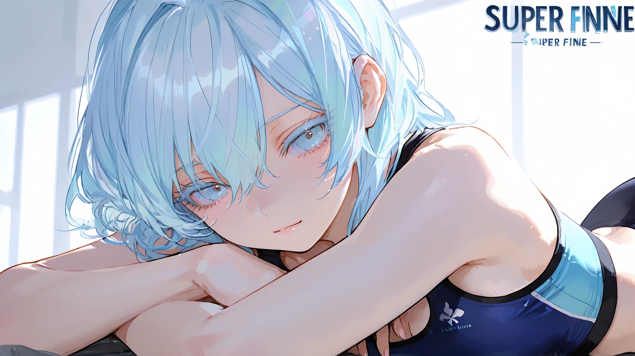 Keywords : masterpiece, top quality, good quality, average quality, super fine, super fine shape, one girl, fitness, soft lighting, fine hair, sensitive, solo, light blue hair, light blue eyes, white lashes,...