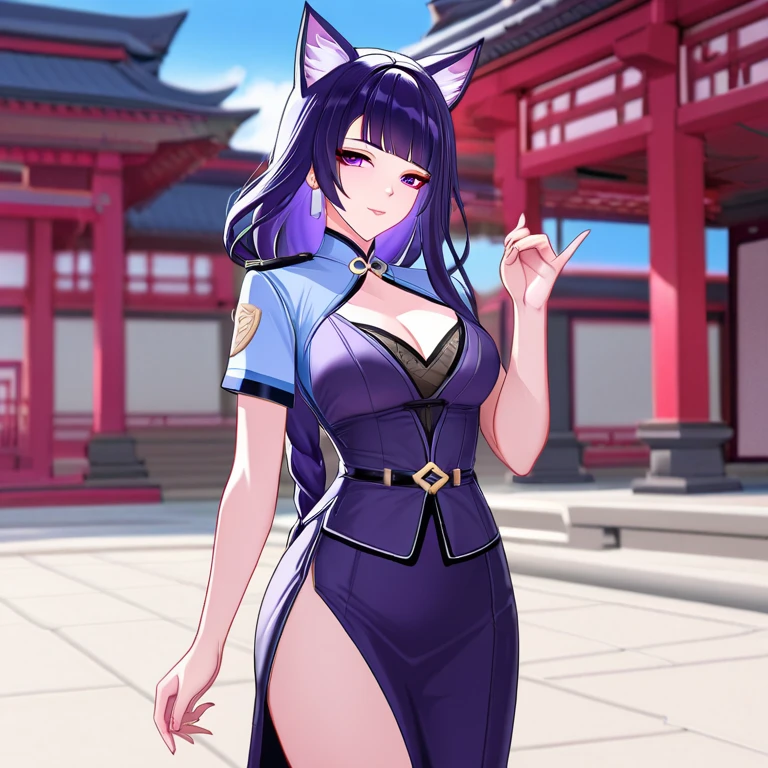 masterpiece、quality of immigration、1 girl , alone ,Taisho Modern、huge breasts、deep cleavage、 greenish black hair、ponytail、fox ears、Brightly colored eyes、blue eyes、black glasses、Dark purple kimono、red hair ornament、light purple long hakama、leather boots、flashy necklace、I can see your shoulders、sex、sexy、charm、Wet、face turns red , sitting、Night city seen from the window