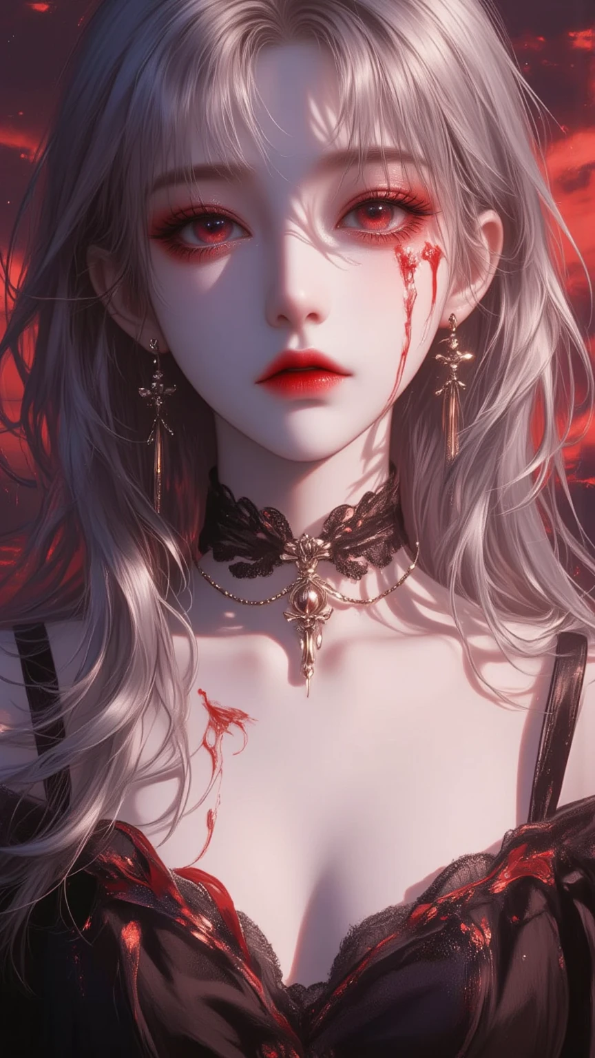 Woman with white hair and bright red eye tied by chain raised with blood, background full of chains and cages, full HD, 4k, 8k, 16k, high resolution, high-definition, super detailed, super realistic, --auto