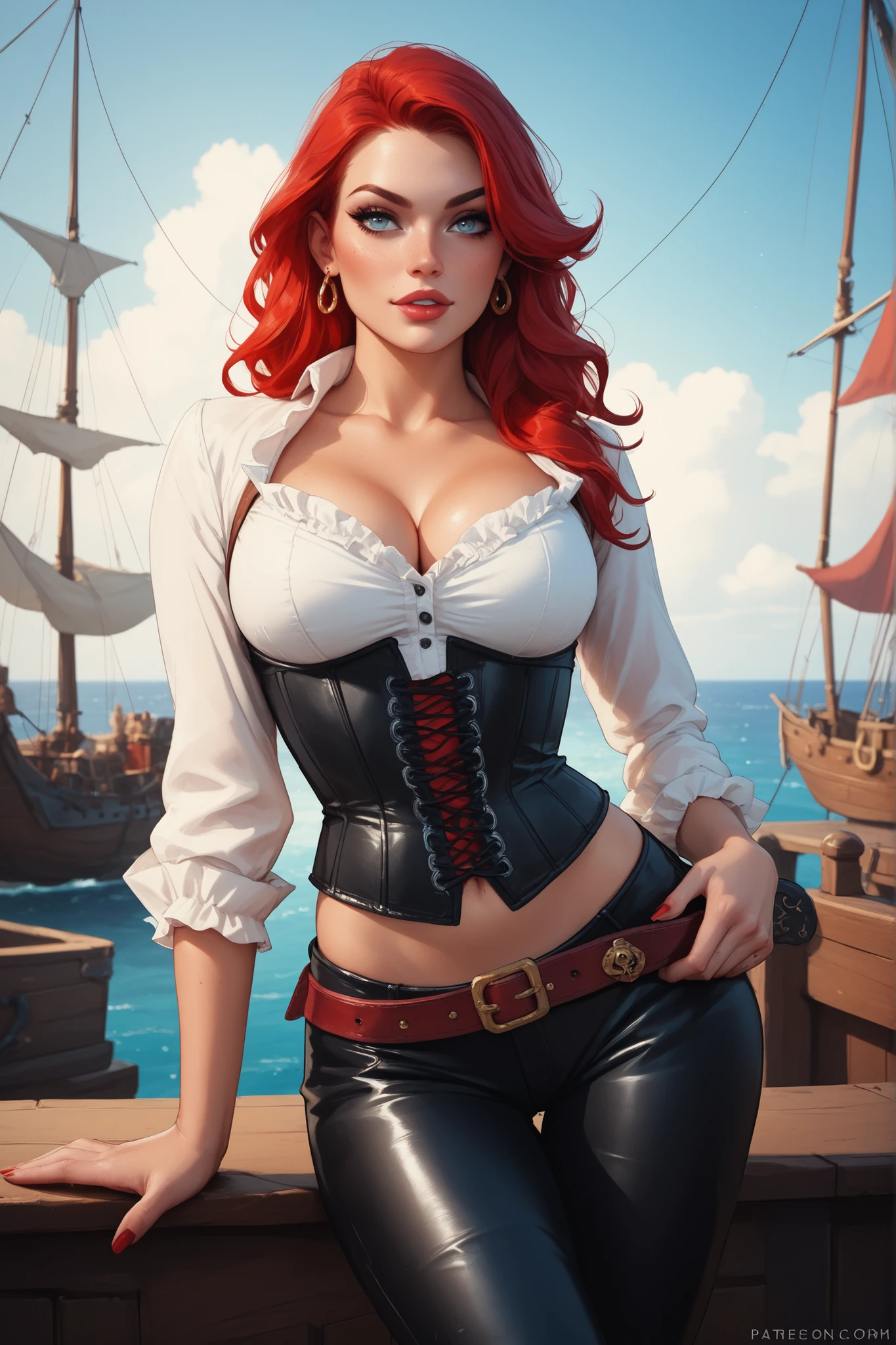8k, masterpiece, best quality, realistic, higly detailed, cowboy shot, 1girl, female, solo, Sarah Fortune, russian features, Miss Fortune, beautiful woman, slim and voluptuous build, light skin, pale green eyes, long wavy scarlet-red hair, white blouse with seperate long sleeves, dark green vest that reveals her abdomen, black bell-bottom pants, black high-heeled boots, black pirate hat