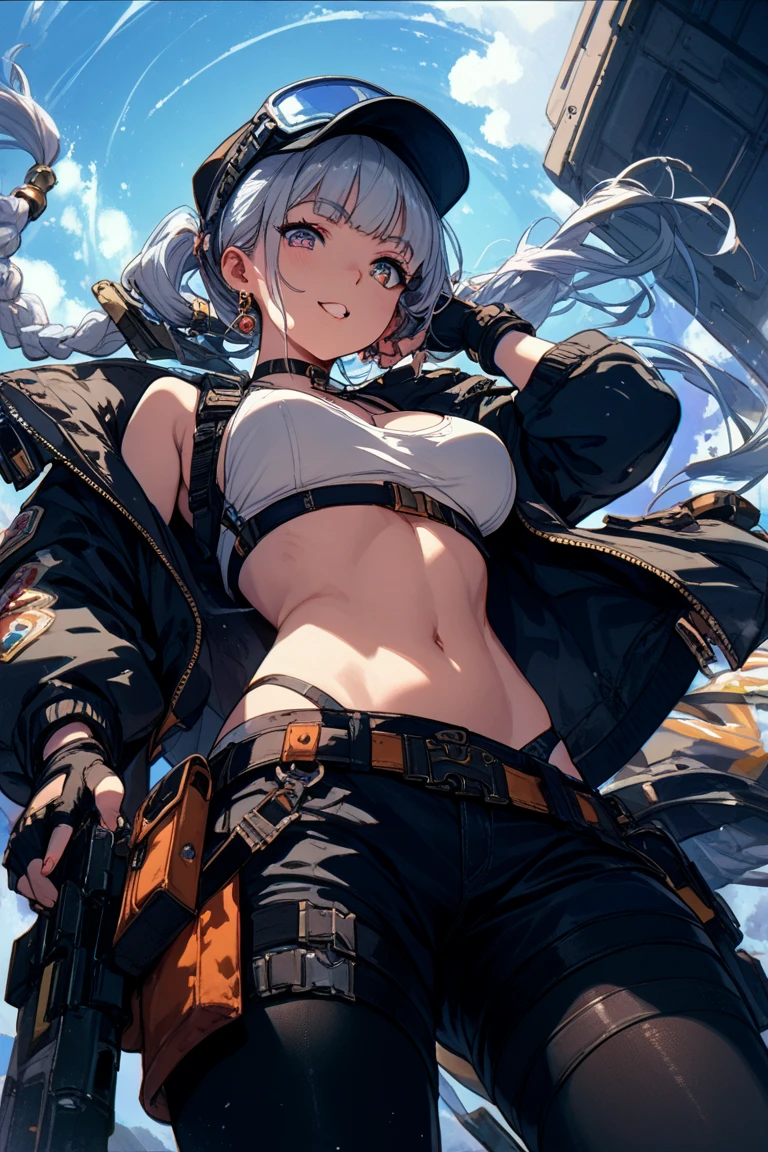 A girl with detailed blue matte eyes, long white tied hair, full body, dirty face, demonic smile, blacksmith gloves, Giant Shield stuck on her back, blacksmith boots, dirty short denim shorts, short white shirt with knotted neckline shirt bottom, sweaty body, round medium/small breasts, thick legs, big ass, a giant hammer in her hand, {extremely detailed 16k CG unit wallpaper}, expansive landscape photography, (a bottom view with focus on character and setting), (wide open field view), (low angle shot), (high light: 1.8), (low light: 1.2), (warm light source: 1.5), complex details, ( iridescent colors: 1.6), (bright lighting), (atmospheric lighting), dreamy, magical,