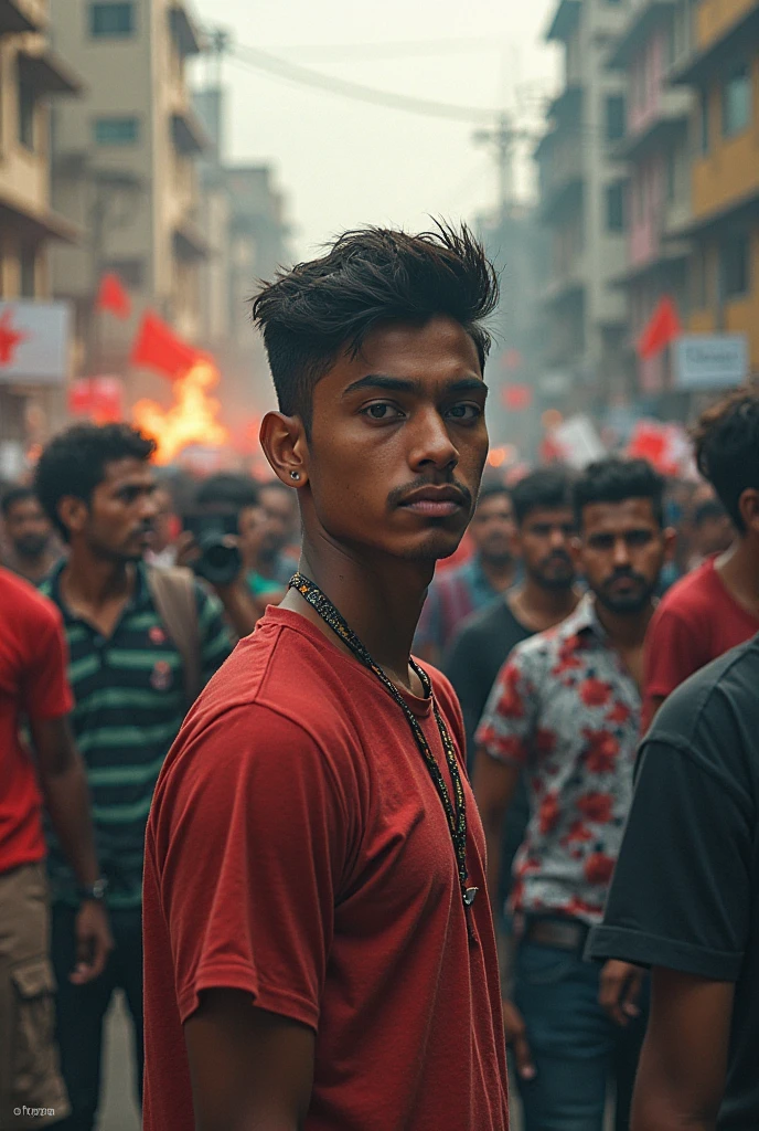 A handsome aggressive Hindu youth must be a student agitator on the streets of Bangladesh. A white placard will be held by the youth. The flag of Bangladesh will also be displayed.