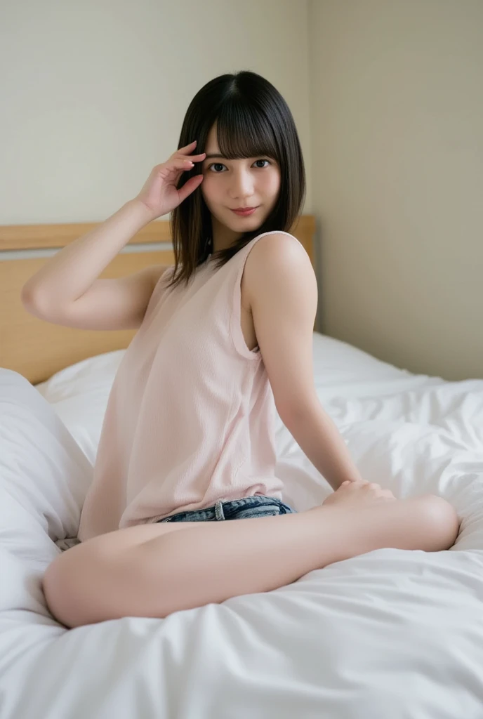 An ultra-high picture quality、Perfect Photo、14 year old beautiful girl、Japan beautiful girl、middle school girl、light skinned、slender、tiny chest、Sit on the bed、a miniskirt、With bangs、ankle、kne、angry looking face、Kamimei、a short bob、girl's own room、toe、sole of feet、glute、thighs thighs thighs thighs、undergarment、