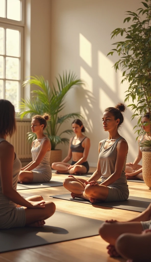 A group of women, students and workers, participating in a Yoga class in a multipurpose room.
