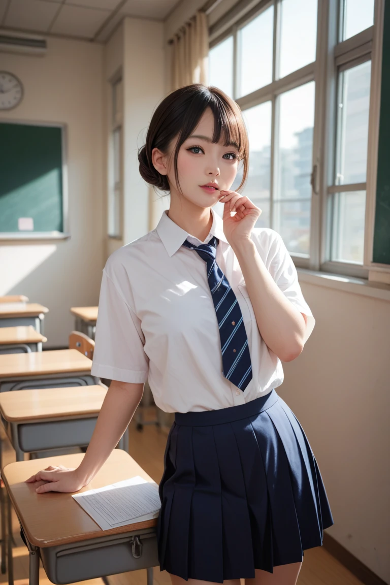 ((Best of the highest quality, 8k, Masterpiece: 1.3, raw photo)), Sharp focus: 1.2, (1 AESPA girl: 1.1), (Solo: 1.18), (realistic, photo-realistic:1.37), face focus, cute face, (Small breasts, flat chest, Thigh: 1.3), messy short hair, updo, (naked, Girls' High School uniforms shirt), (sitting: 1.2), flower, cinematic lighting, classroom,