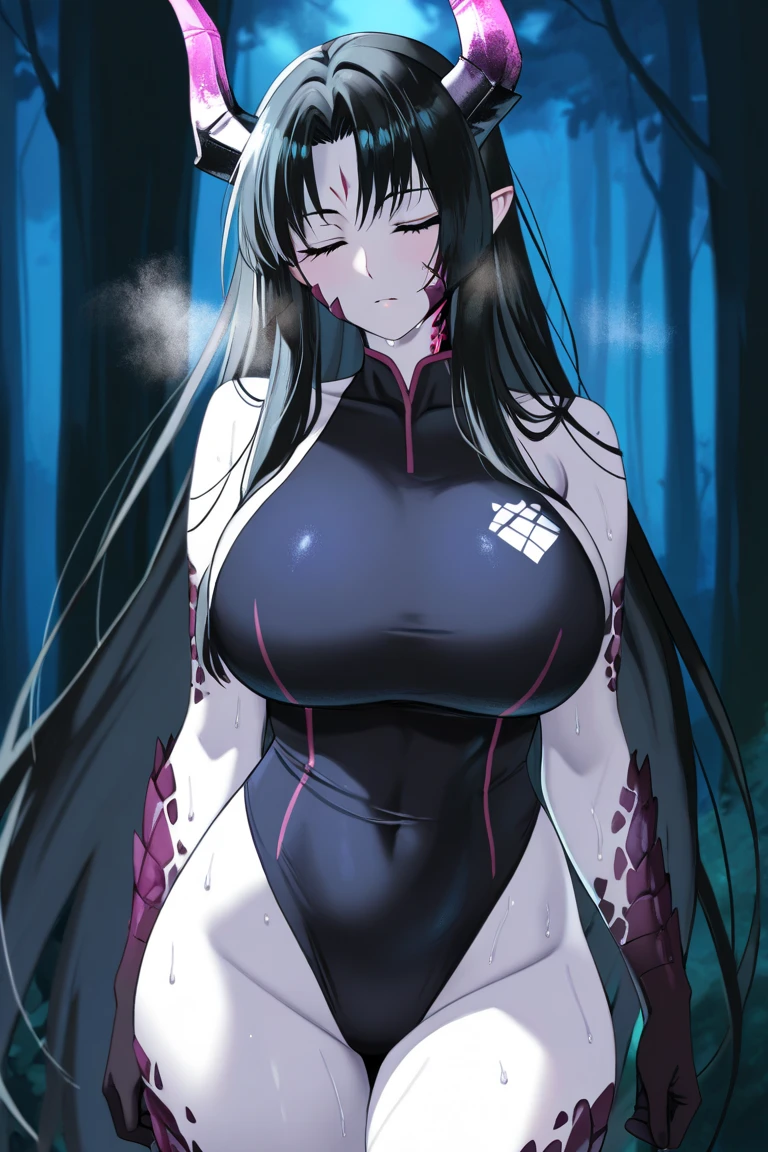 ((1 cyborg woman,((without bionic arms on the left, just a normal arm)),((gigantic breasts, naked breasts, naked pussy, erect breasts, holding breasts, hand on pussy)),((very black hair long with ponytail and bangs covering one left eye, one red eye)),((face without sperm)),((standing near tree in a haunted forest, at night)),