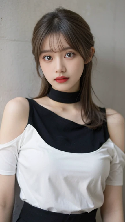 (Realistic, photoRealistic), (Delicate eyes and face), detail hair, Ray tracing, the Extremely Detailed CG Unity, highest quality, Ultra-high resolution, (Realistic:1.4), One girl, nude, Black tight skirt, Black Choker, (Faded grey hair:1), (Huge breasts), View your viewers, close ,