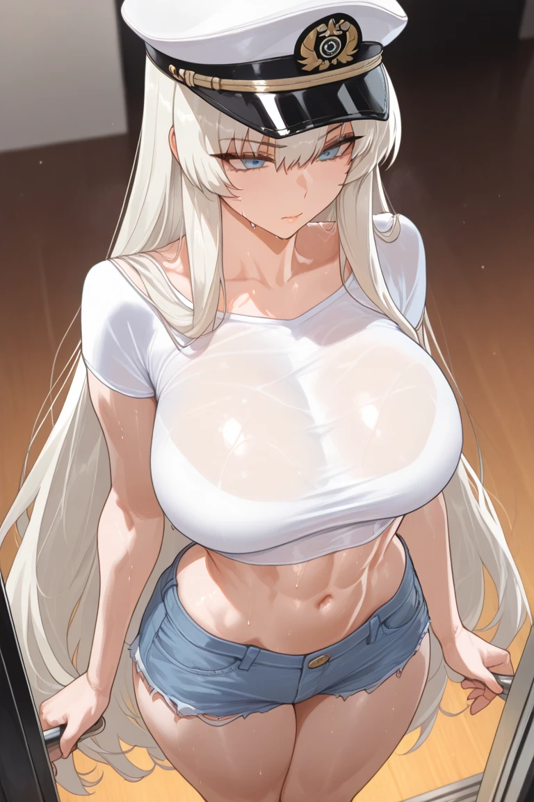 Very detailed、Highest quality、Best image quality、masterpiece、8K、Sparkling blue eyes、Anime Face、A kind smile、(Open your mouth)、(Blonde long hair:1.5)、(SFW Giant:1.5)、(Big Tits:1.7)、ckundies、Cowboy Shot、(White thong:1.5)、(highleg:1.8)、(SlightMuscle、Bulky、Bodybuilder)、(necklace)、(topless:1.8)、 panties