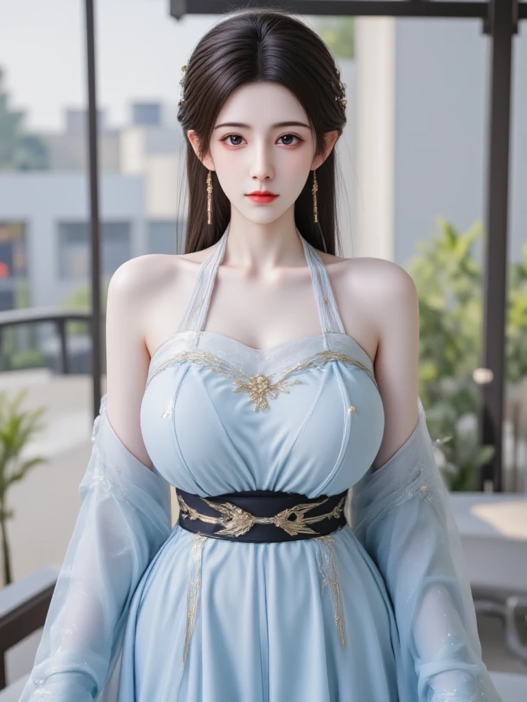 8k, UHD, HDR, Best quality, masterpiece, ultra high res, (photorealistic:1.4) , raw photo, 1girl, candy blue dress, offshoulder,(Grabbing the Chest: 1.2), in the dark, deep shadow, caustics, looking at the viewer with a serene bliss, diffused light