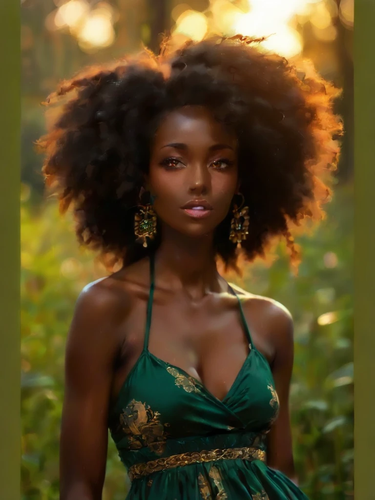 1 African American girl, firefighter, Forest of green trees, surrounded by rain, Illustration style, motion-blur, full body long exposure, exquisite facial features, Chinese style ink style, martial arts style, selective focus, panorama, (bokeh:1.5)