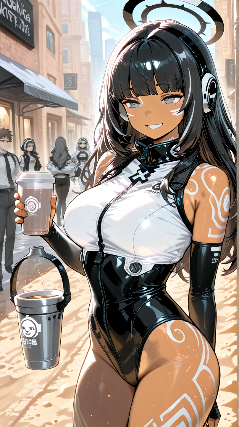 Melhor qualidade, 8k, mulher,black skin,black hair, lindo,big eyelashes, looking to observer, little smile, rabbit ears tiara, decote,gray militar camouflage leotard over brown shiny nylon bodystocking, holding a beer can, florish forest scenario