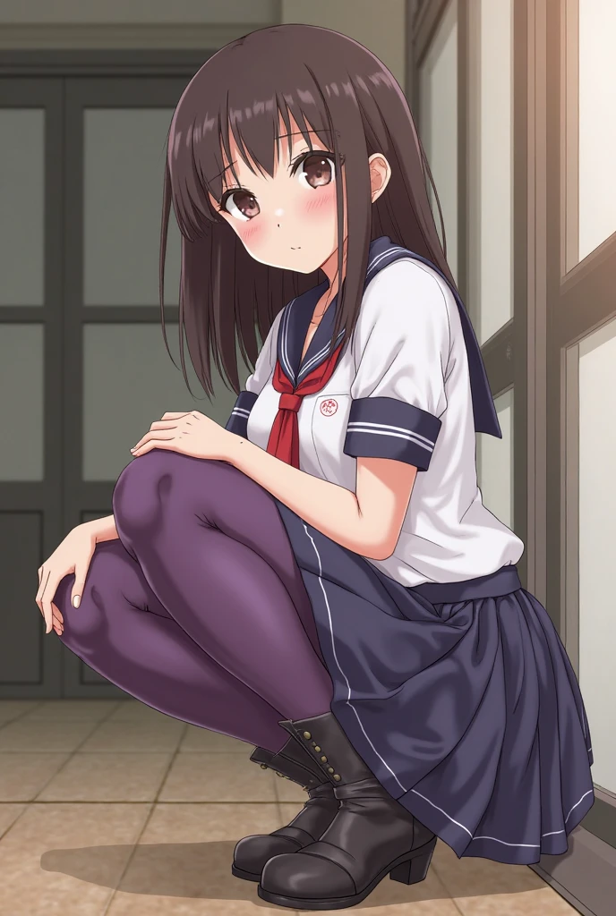 1girl in、A smile、The shirt、skirt by the、(small tits)Chilarism、Japan High School Student Uniform、serafuku、summer clothing、Squall Drenched Uniform、(Sheer Bra)、Upper body portrait、Squatting panchira、