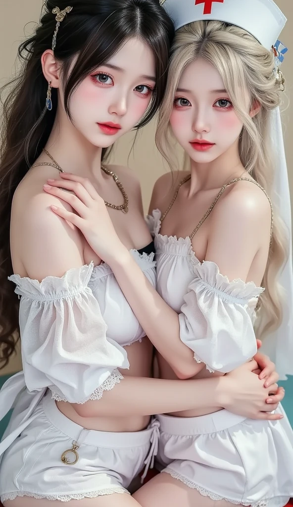 2girls,pov, women, seductive stare, ((((linked collar, collar linked together, collars linked, linked together)))), ((18 yo, detailed face, feminine skin)) , fit , (young) , beautiful , (((pale skin, wavy blonde hair))), dreamy, loving stare, bright magical fairytale fantasy atmosphere, sexy, flowers in hair, surrounded by flowers, happy, playful, ((big soft heavy breasts, busty cleavage, maid, huge tits)), in love, magical mist energy, hair flower, blush, pretty, elegant, cute, youthful, teen, teenager, choker, collar, ((huge hanging boobs)), (((Baroque court dress, fantasy, aesthetic of softness and gentleness and innocence and fertility, ruby necklace)))