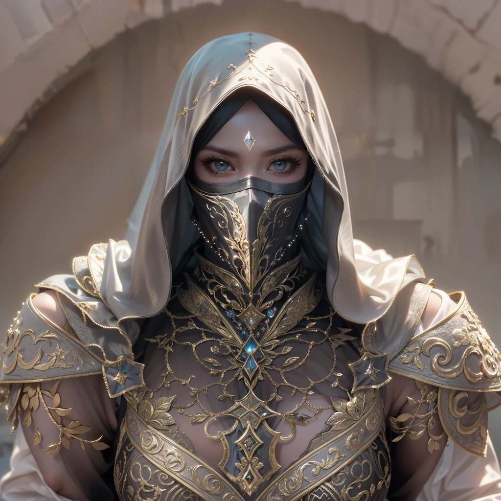 a beautiful 25 years old Arabian female assassin, with long black hair, wearing black and gold assassin outfit, splash art style, battle ready pose, dynamic angle shot, photo realism, volumetric lighting, intricate hand details, highly detailed, vibrant colors, cinematic, neoprene, featured on Unsplash, stylized digital art, 8k, trending on Artstation