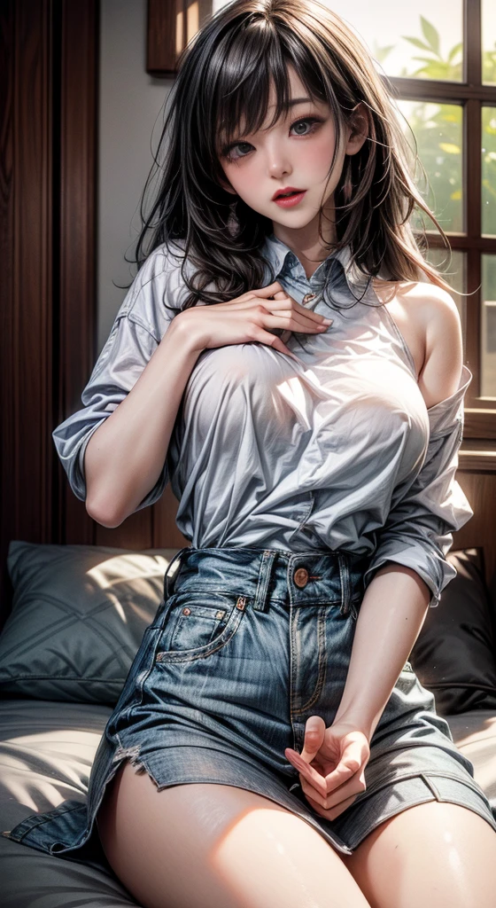 girl in summer clothes, white blouse, light blue shorts, pantyhose or long stockings, making like she wants to kiss you, view from viewer, medium breasts, cleavage, random backgroud, flirtatious look, ((very detailed)), (perfectly detailed face), (well detailed hand) photorealistic image.