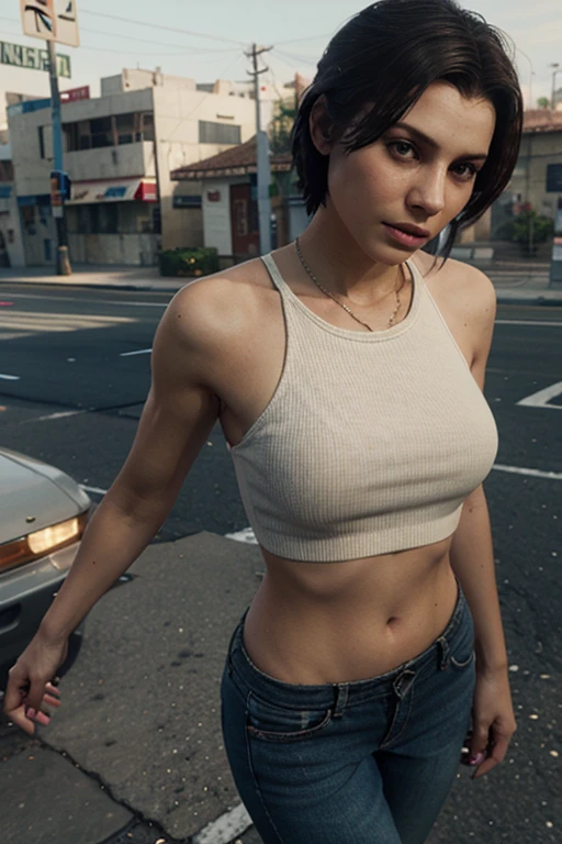 ((Realistic lighting, Best quality, 8K, Masterpiece: 1.3)), Clear focus: 1.2, 1girl, Perfect Figure: 1.4, Slim Abs: 1.1, ((Dark brown hair)), (White crop top: 1.4), (Outdoor, Night: 1.1), City streets, Super fine face, Fine eyes, Double eyelids,