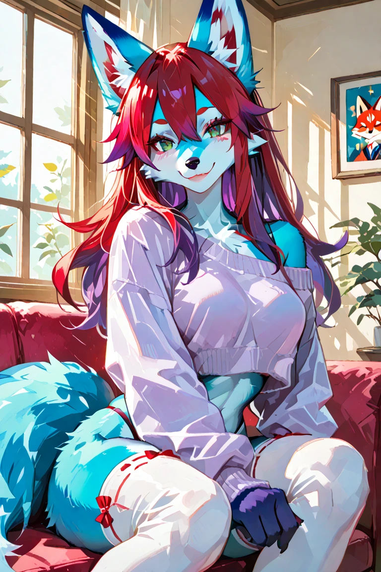 Furry kitsune wolf    female anthropomorphic hot pink  fur green  eyes blue ears wearing a black tank top and black shorts  medium breast size 
