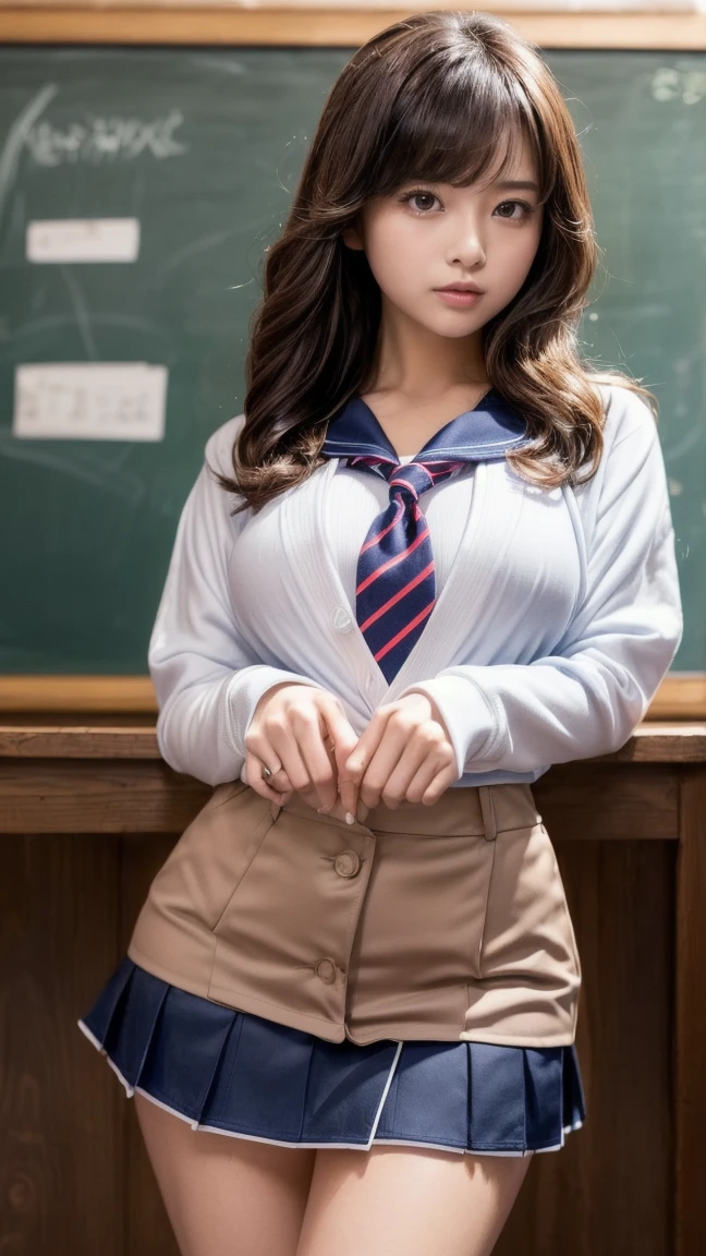 masterpiece, best quality, illustration, Super detailed, fine details, High resolution, 8K,wall paper, perfect dynamic composition,(Details High quality, realistic depiction of eyes:1.3), (white school shirt :1.2), (plaid skirt :1.3), tie black, black thigh-high stockings, sitting, open legs, ponytail, in a classroom, blackboard in the background, deep on field, large breasts, black hair color, Big Natural Color Lip, (perfect body shape), crying a little、cold gaze, Harajuku style、20 year old girl、cute type、lolita、beautiful legs, Gravure Idol