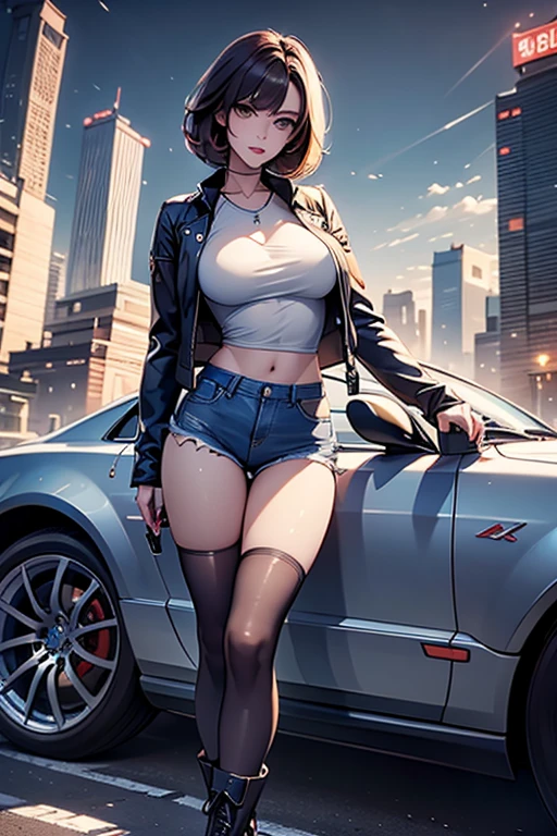 Best quality, full body portrait, delicate face, 18 year old girl, slim figure, huge bust, hard , loose down blouse, crotch gap, crotch, ultra short ripped shorts, cameltoe, sunset bridge, scene, standing tall, thighs high, , nsfw, lady long legs, perfect retro cars