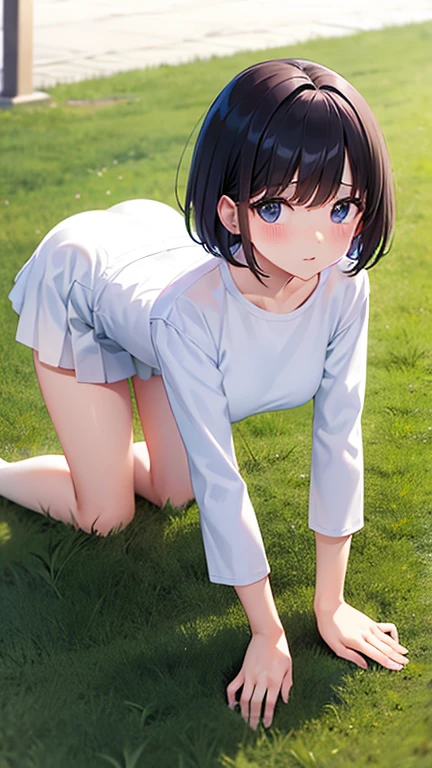 Girl in a dress sitting on a bench in a park, pussy ejaculating, naked legs