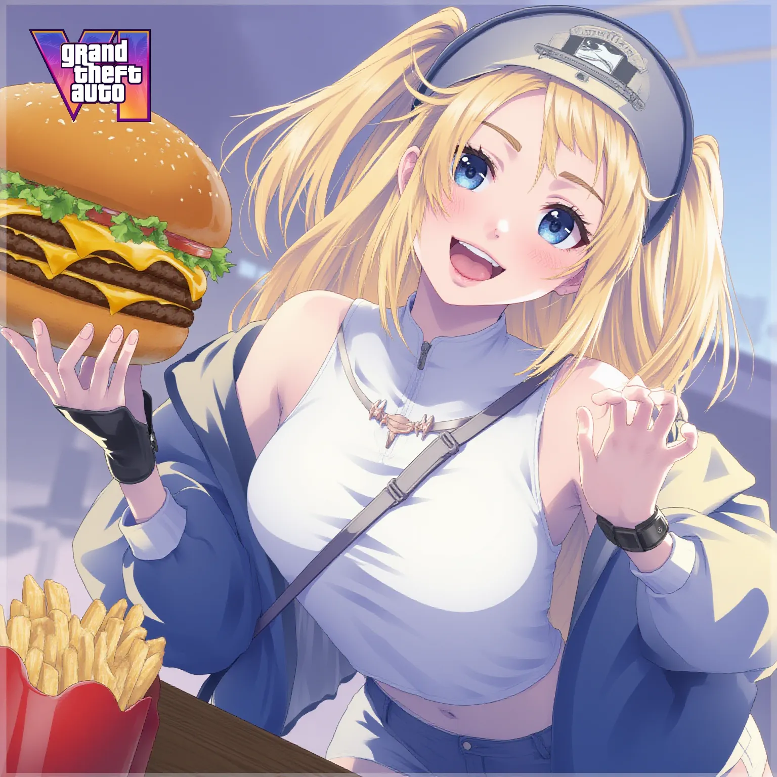 Blonde hair, blue eyes, tan freckles, a pink paper hat and a pair of black rollerskates. She holds a burger. SPARKLE; GLITTER