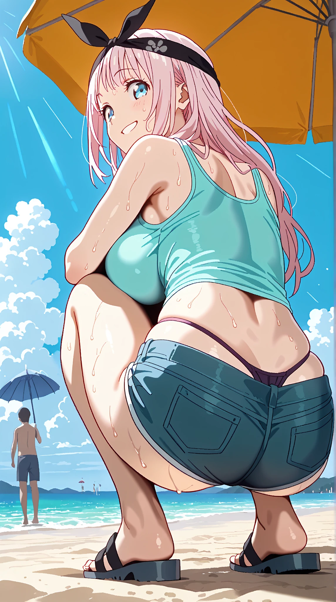 japanese,nsfw, gyaru,glasses,black-crosstype-halter-micro-bikini,,short hair.glamorous, voluptuous, nsft, ,surrounded by many boys, shy, ahegao,stand,beach,back angle,boy bteman, ass hole Fingering,grab head.grab hip from behind。