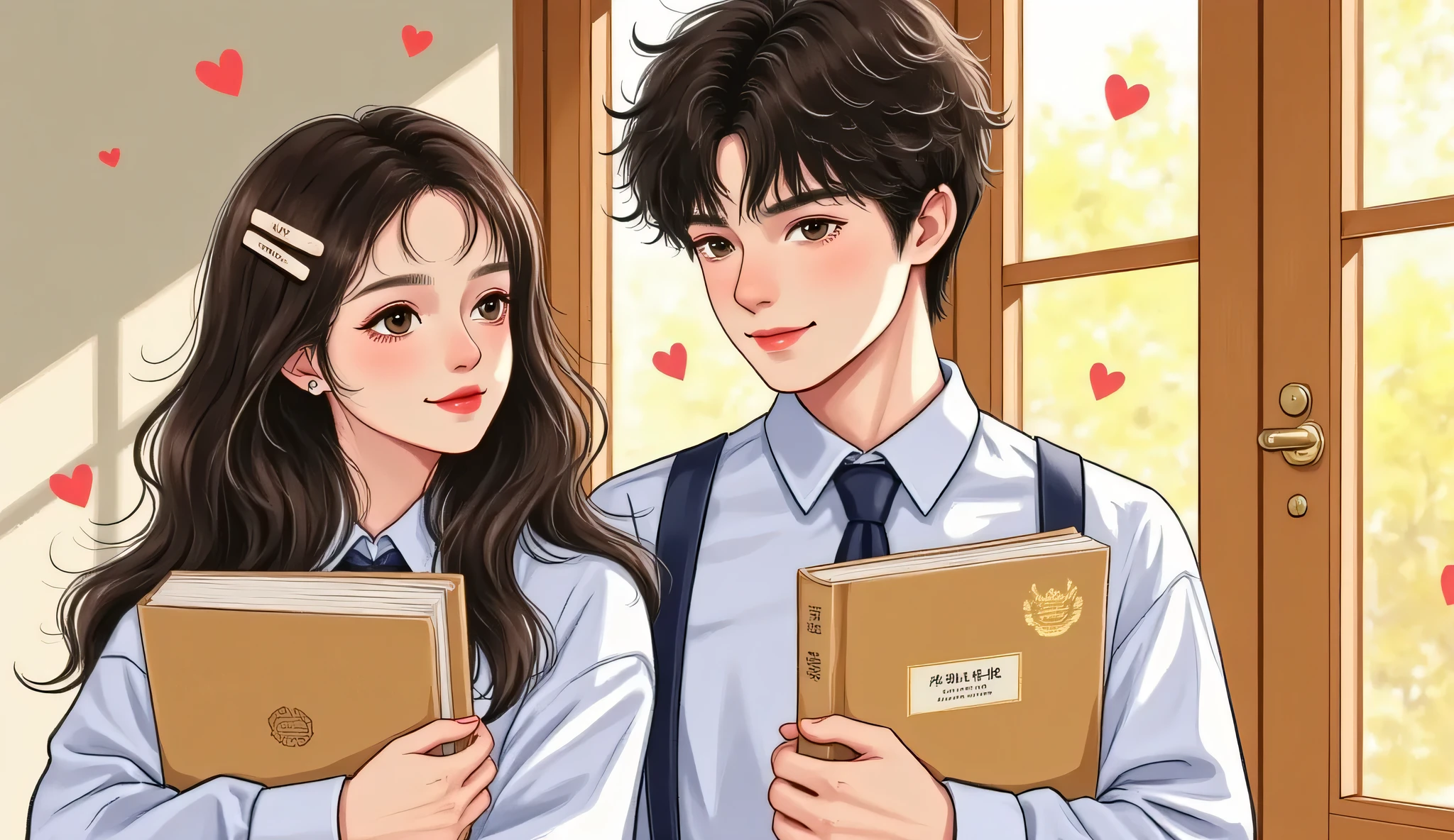 Close-up semi-realistic portrait of a handsome age boy and a beautiful age girl standing in a sunlit school hallway. Both are wearing white and navy blue school uniforms. The boy has messy black hair, sharp eyes, leaning casually against the wall with a playful smirk. The girl has long straight black hair, soft Douyin-style makeup, holding books in her arms, looking at him with a calm, slightly amused expression. Warm afternoon sunlight filters through the hallway windows, creating soft golden highlights. Manhwa style, soft background blur, subtle romantic tension.